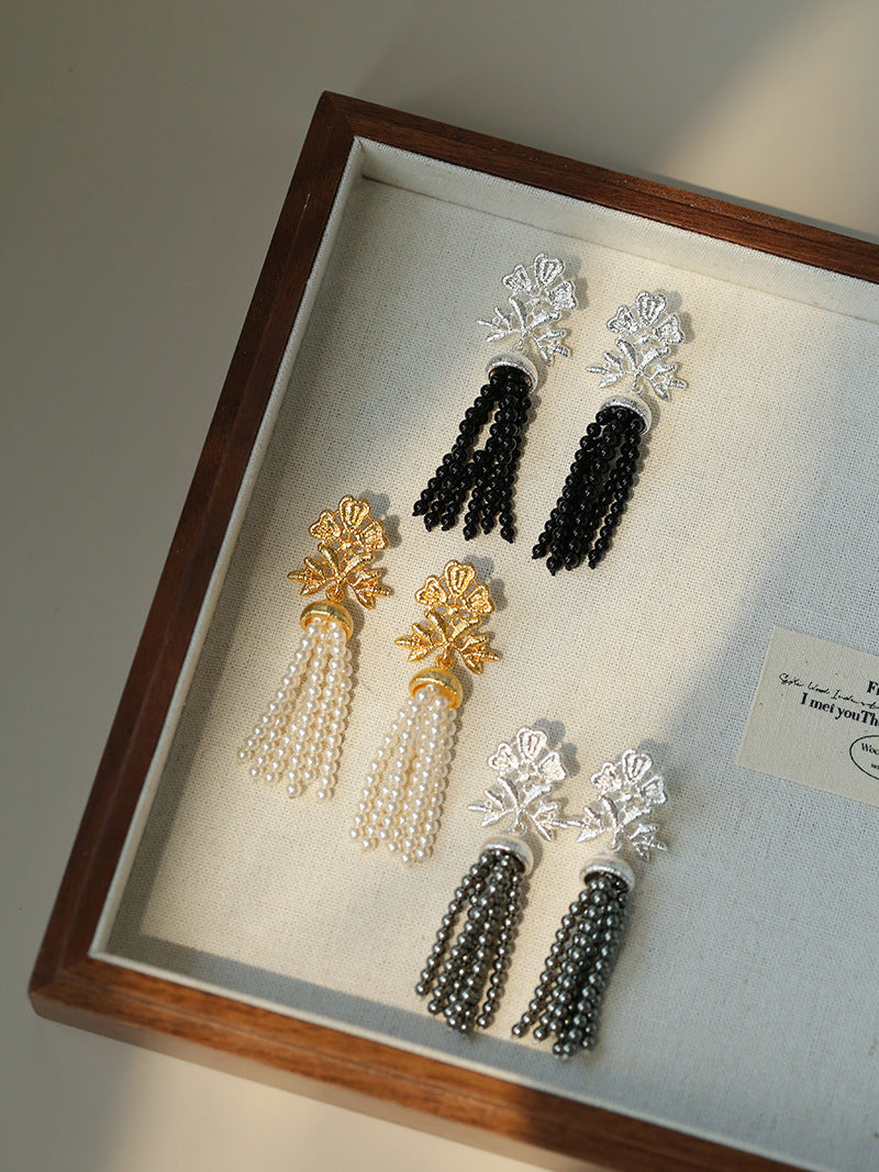 Filigree Lace Tassel Pearl Earrings