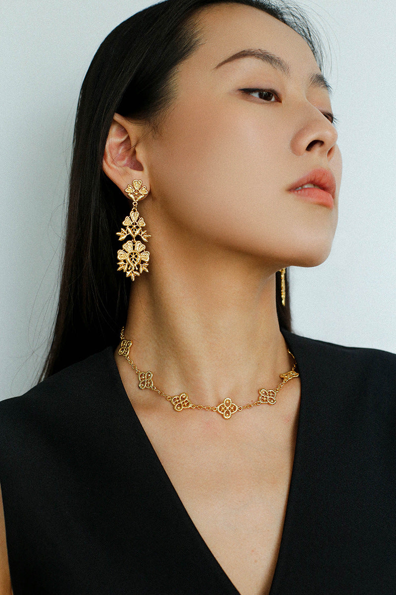 Filigree Lace Drop Earrings - Gold