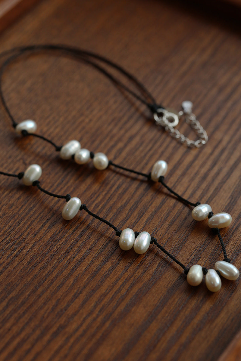 Tied Grace Black Cord Pearl Necklace
