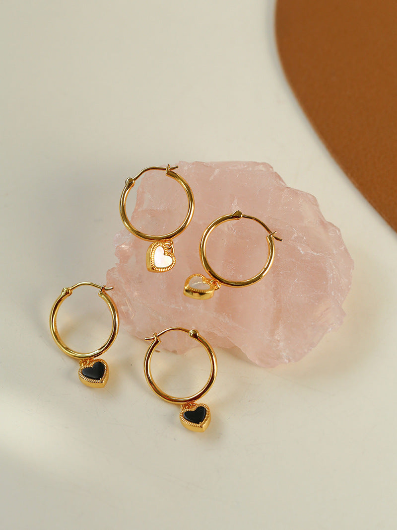 925 Silver Black Onyx & Mother of Pearl Heart Hoop Earrings