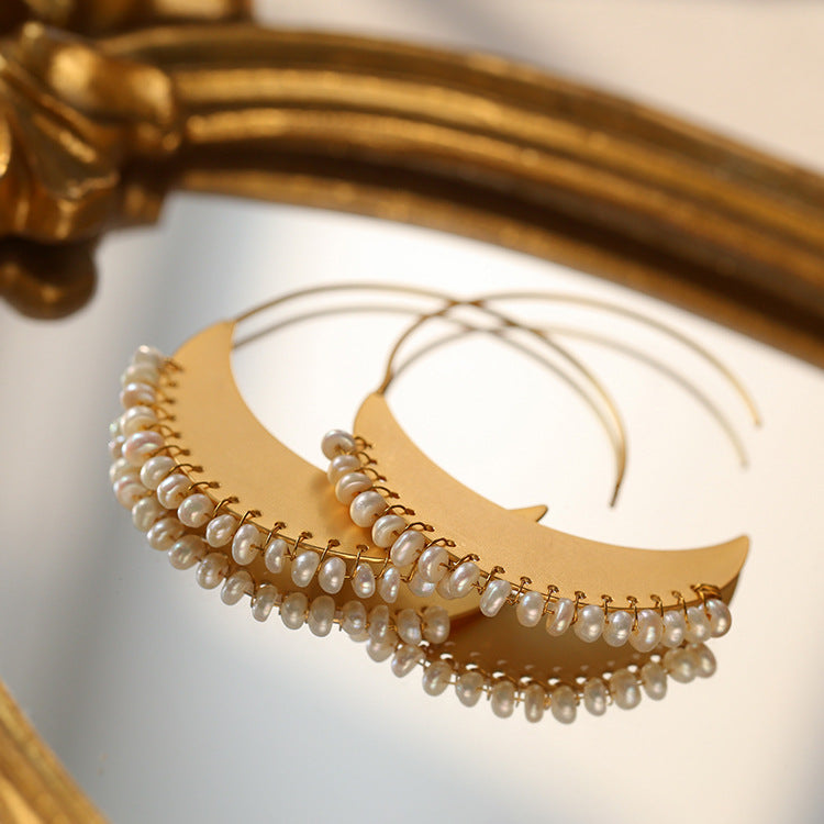 Luna Woven Pearl Crescent Hoop Earrings