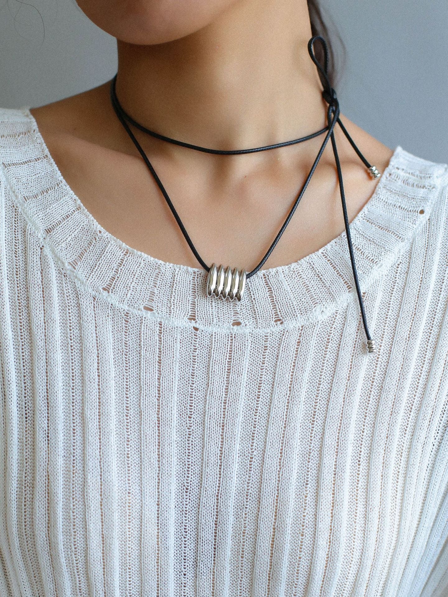 Leather Cord Geometric Pendant Long Necklace