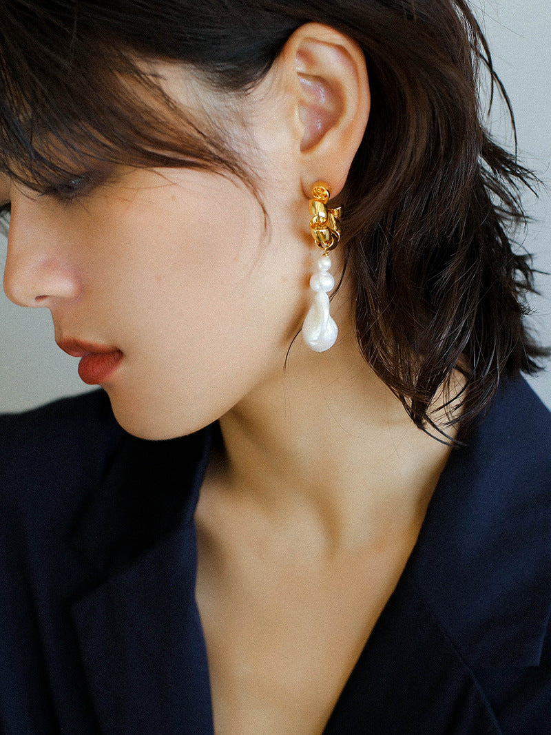 Twisted Gold Baroque Pearl Drop Earrings