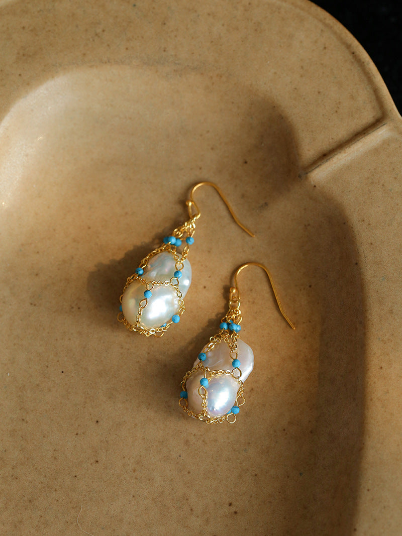 Blue Turquoise Net-Wrapped Baroque Pearl Earrings