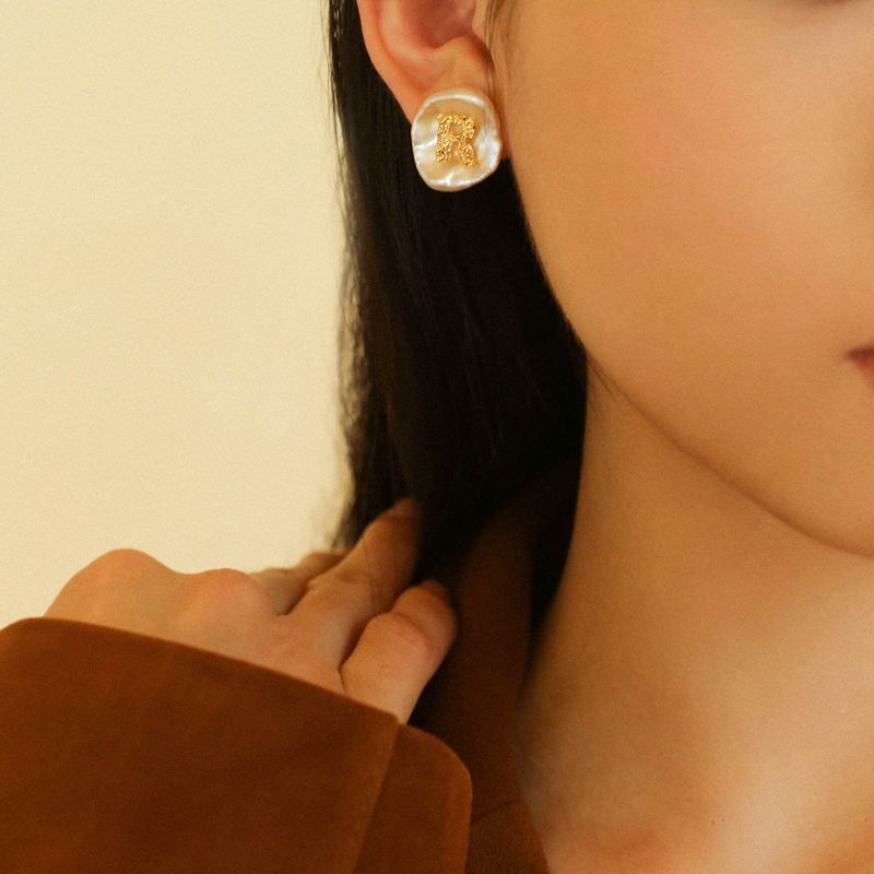 Golden Initial Baroque Pearl Studs