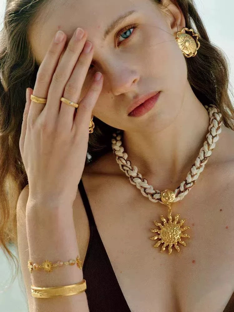 Boho Woven Sun Pendant Statement Necklace