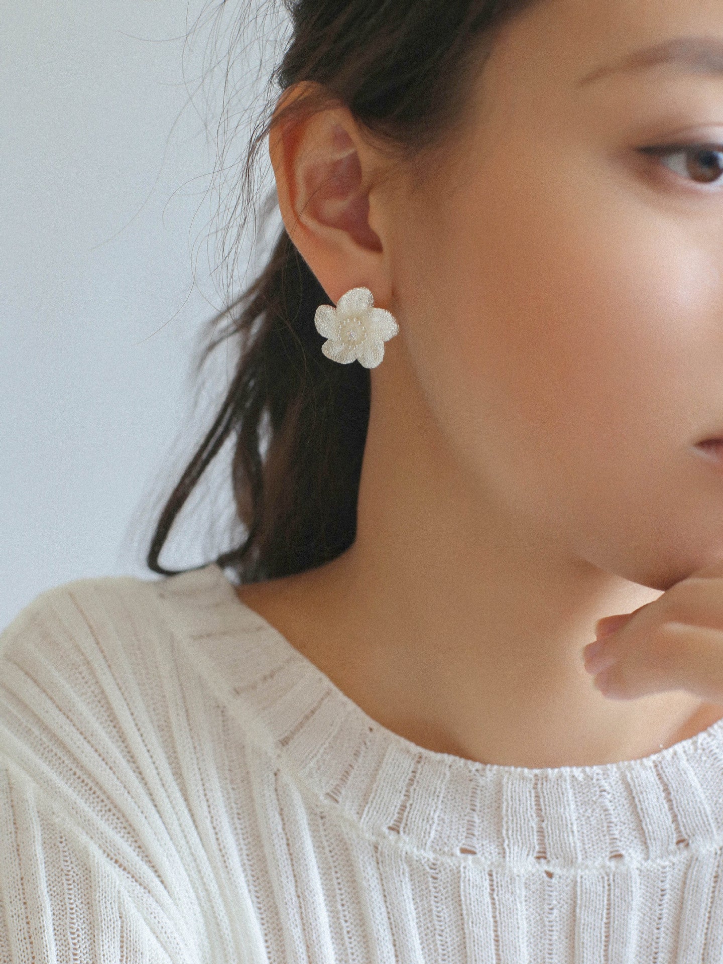 French Hammered Bauhinia Zircon Flower Stud Earrings