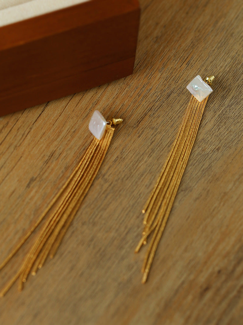 Baroque Flow Long Tassel Square Pearl Earrings