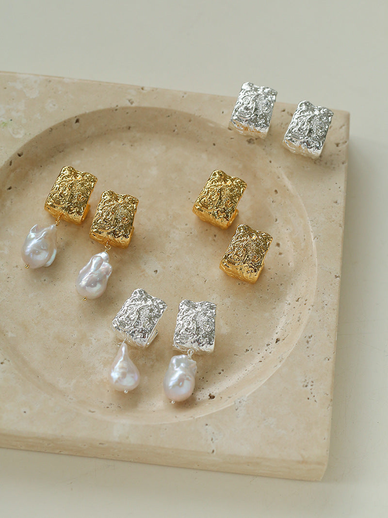 Textured Metal Baroque Pearl Drop Earrings
