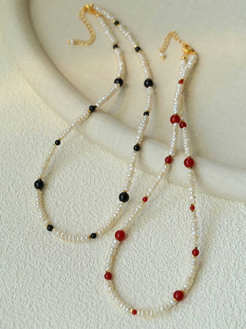 Red & Black Agate Pearl Beaded Necklace