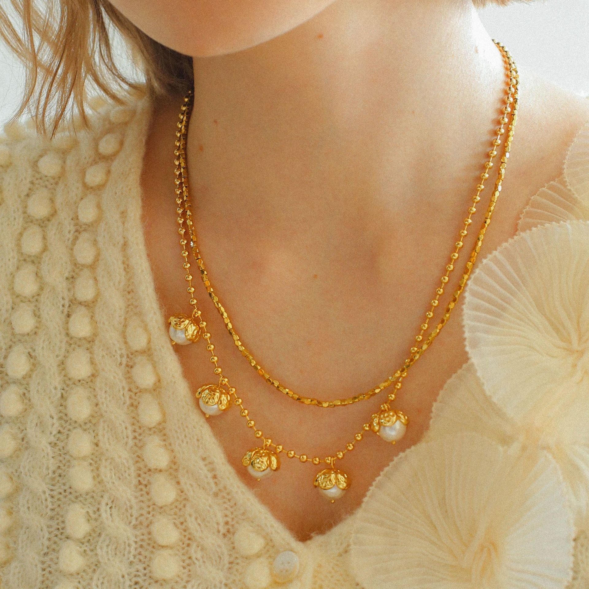 Flower Bud Pearl Charm Necklace