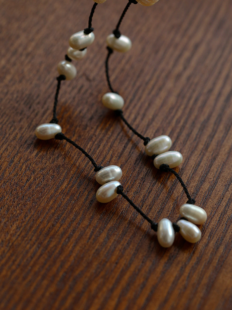 Tied Grace Black Cord Pearl Necklace