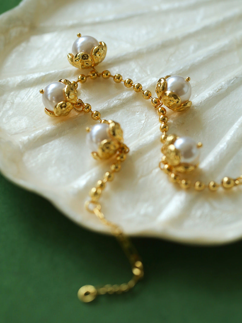Flower Bud Pearl Charm Bracelet
