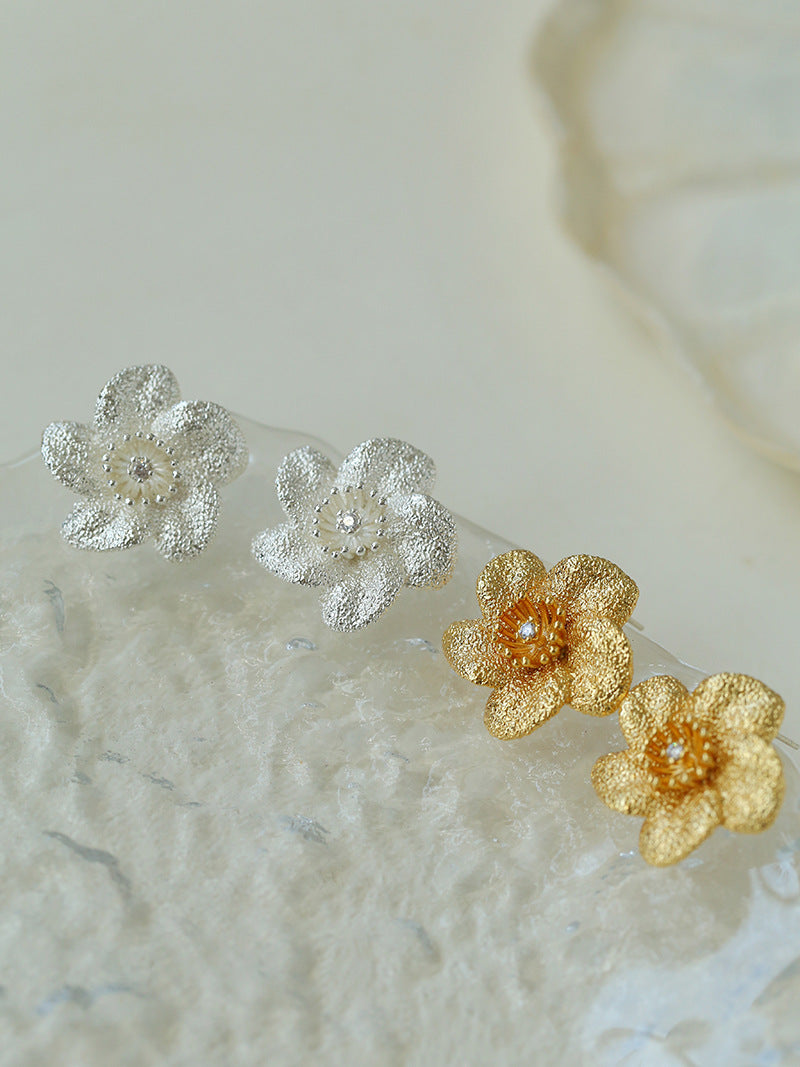 French Hammered Bauhinia Zircon Flower Stud Earrings
