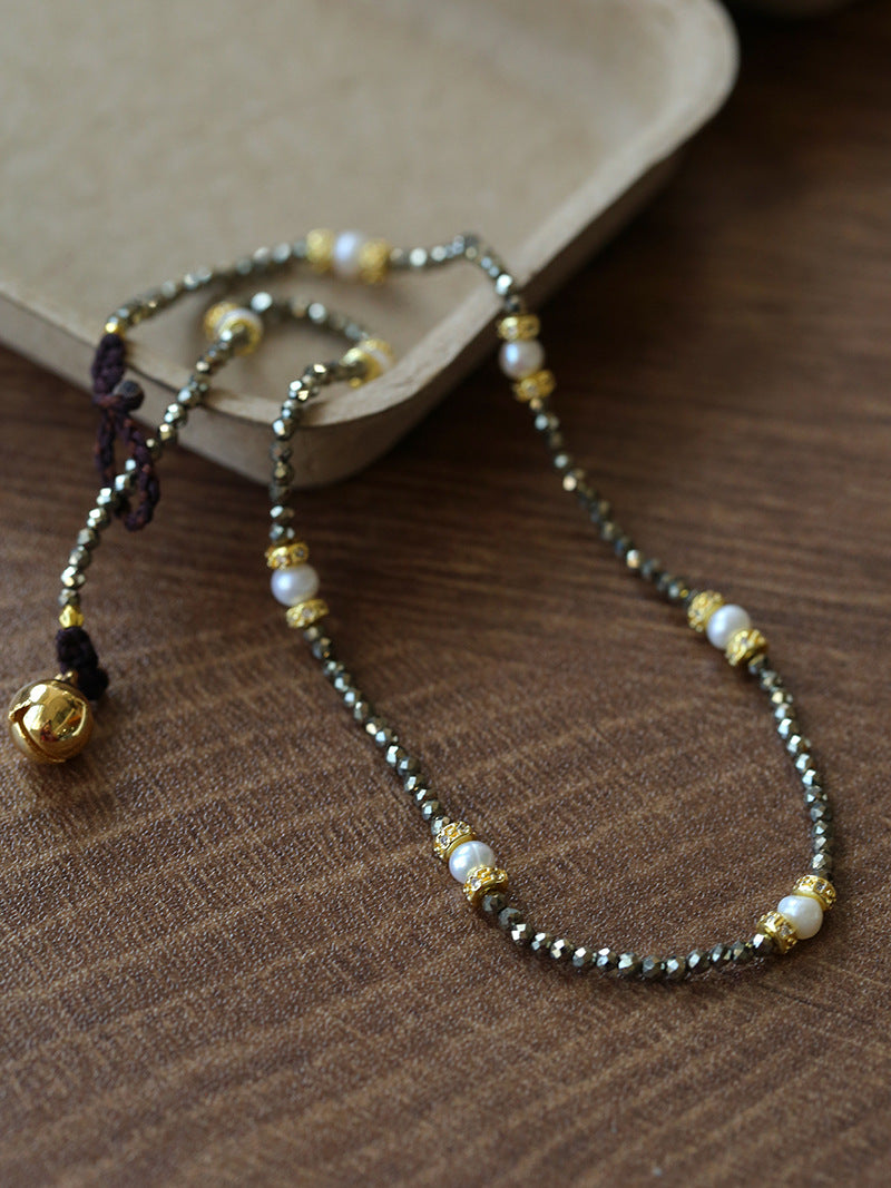 Boho Golden Pyrite & Pearl Choker