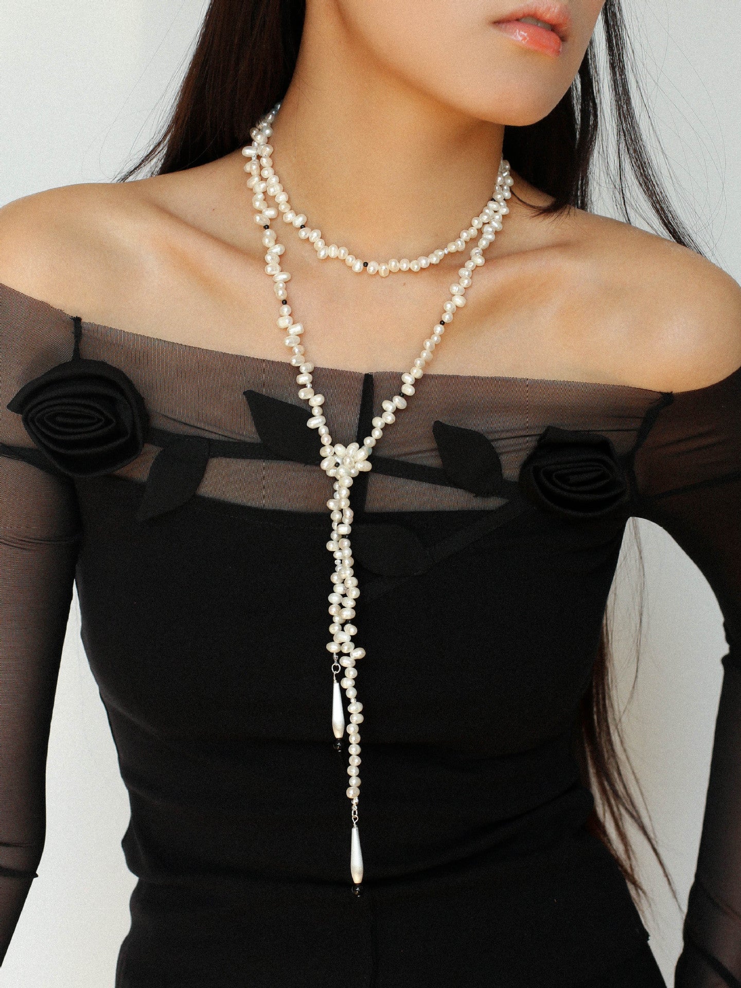 Raindrop Pearl & Onyx Long Necklace