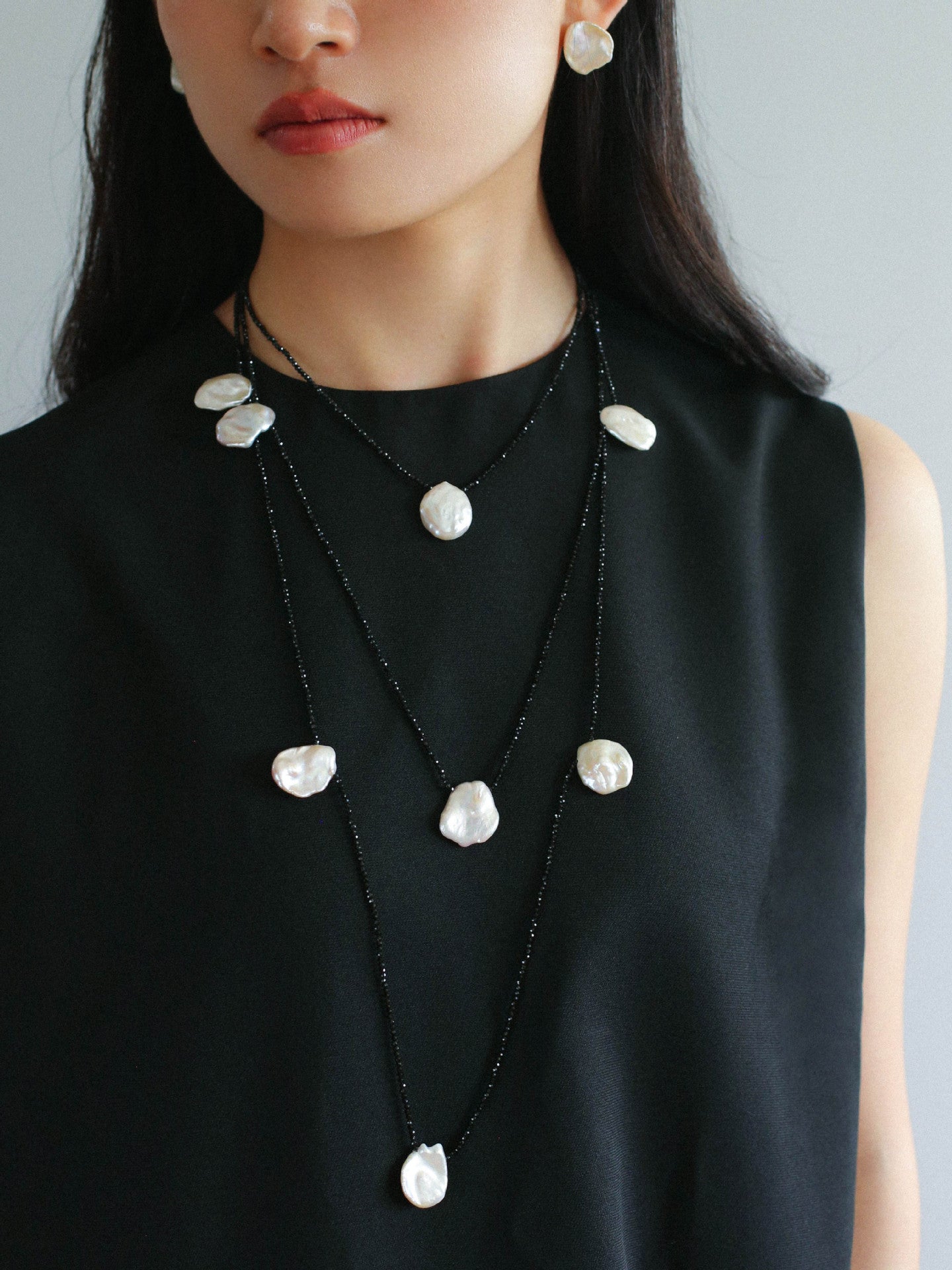 Black Spinel & Baroque Pearl Petal Necklace