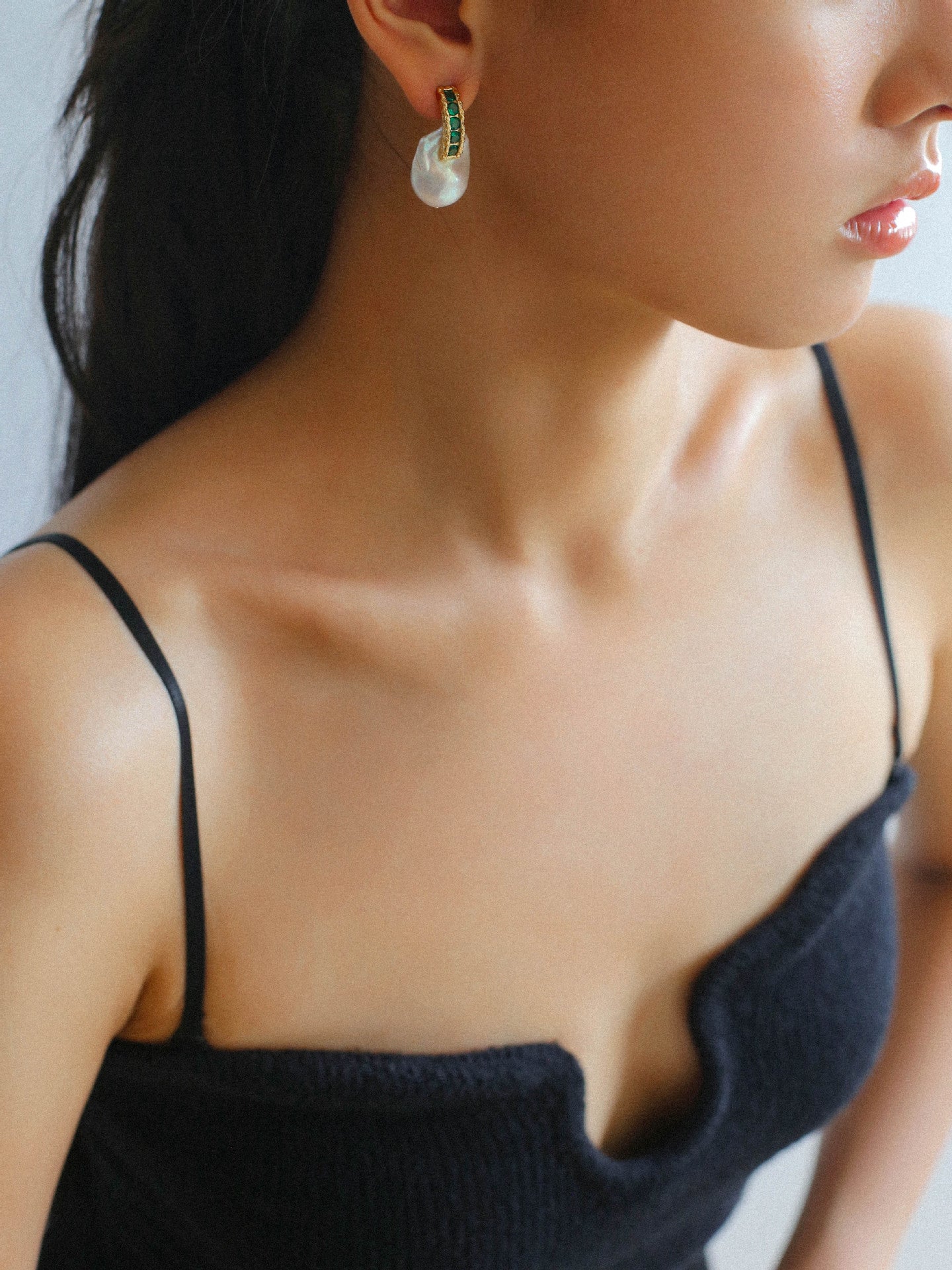 Baroque Pearl & Green Zircon Hoop Earrings