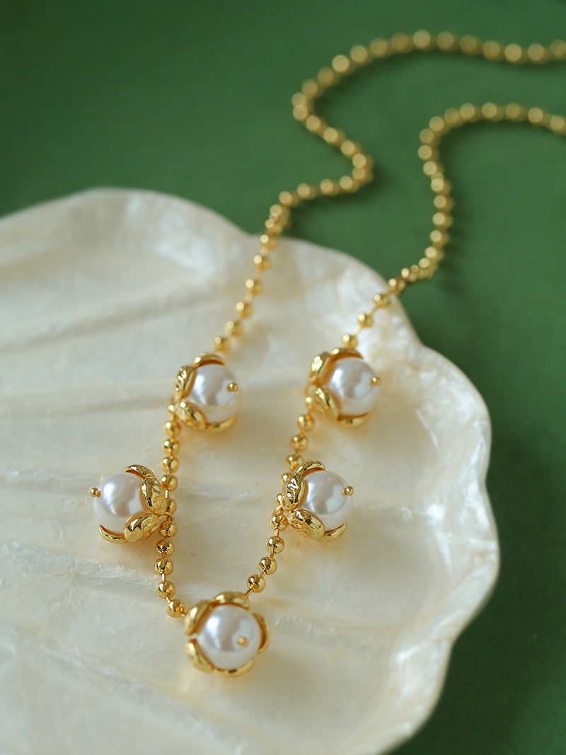 Flower Bud Pearl Charm Necklace