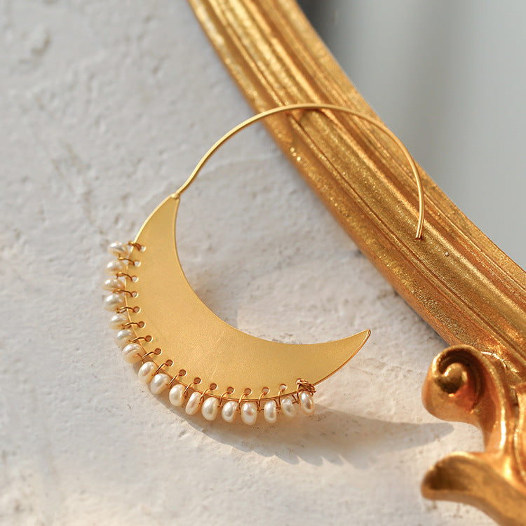 Luna Woven Pearl Crescent Hoop Earrings