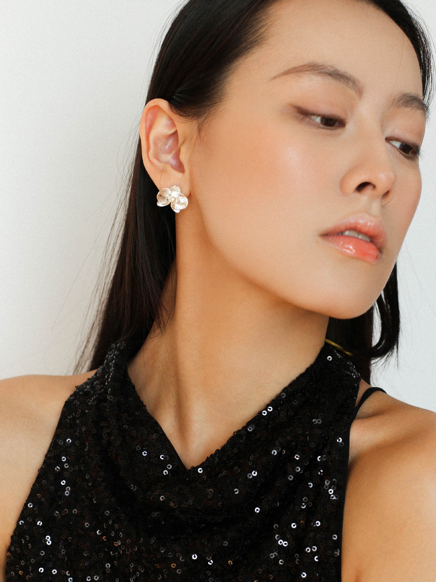 Silver Orchid Pearl Stud Earrings
