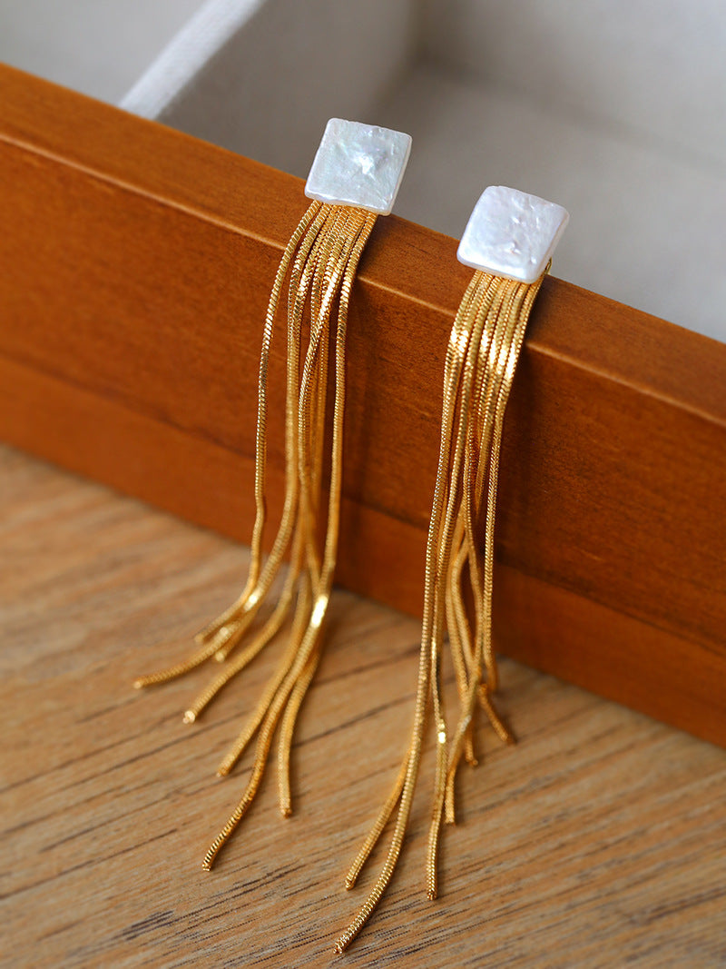 Baroque Flow Long Tassel Square Pearl Earrings