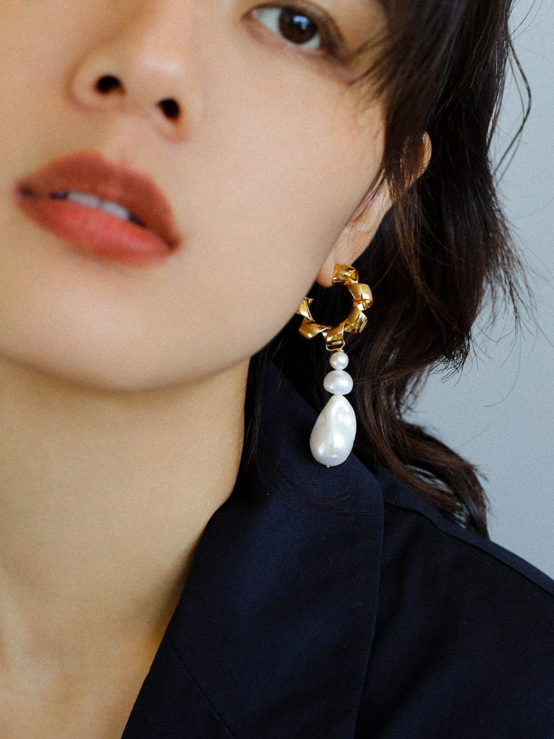 Twisted Gold Baroque Pearl Drop Earrings