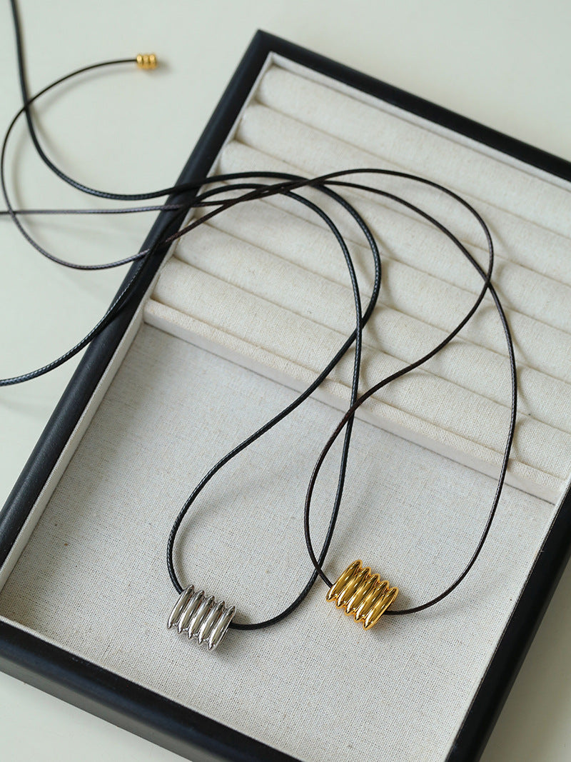 Leather Cord Geometric Pendant Long Necklace