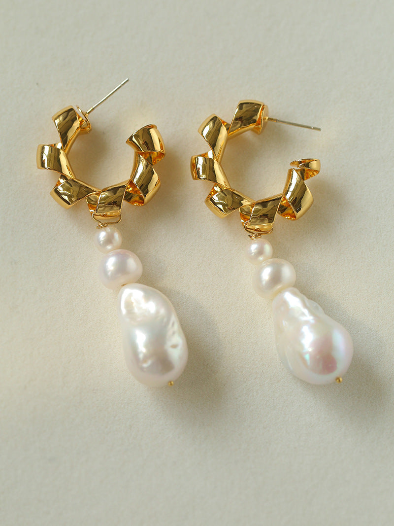 Twisted Gold Baroque Pearl Drop Earrings
