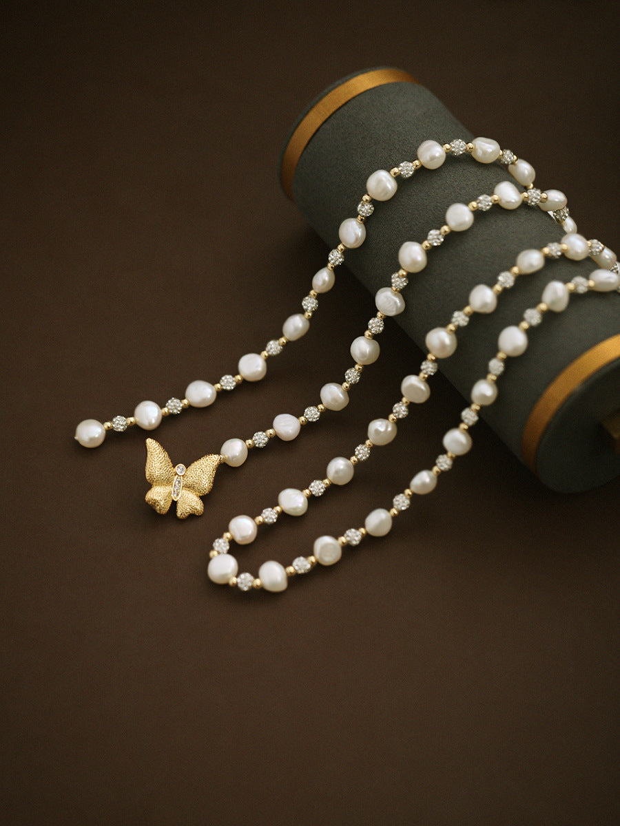 Butterfly Pearl & Zircon Beaded Long Necklace