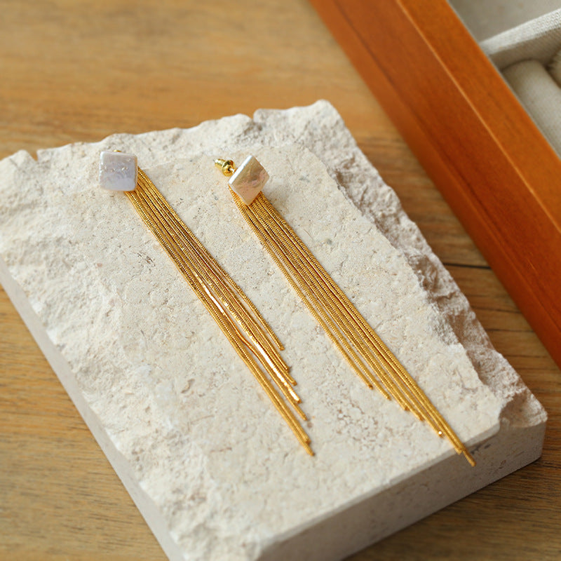 Baroque Flow Long Tassel Square Pearl Earrings