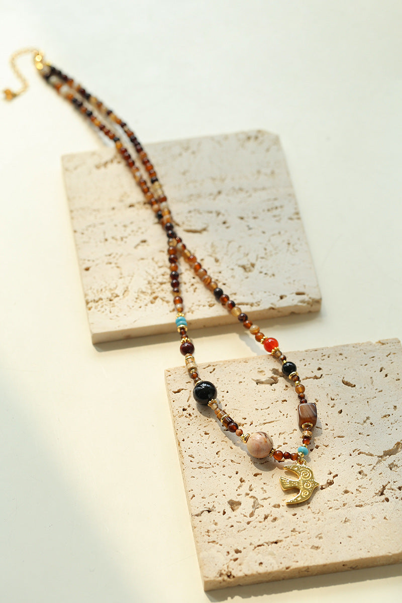 Boho Swallow Pendant Beaded Necklace