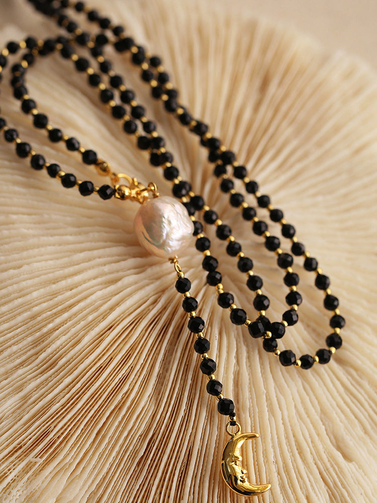 Baroque Pearl & Onyx Moon Pendant Y Necklace