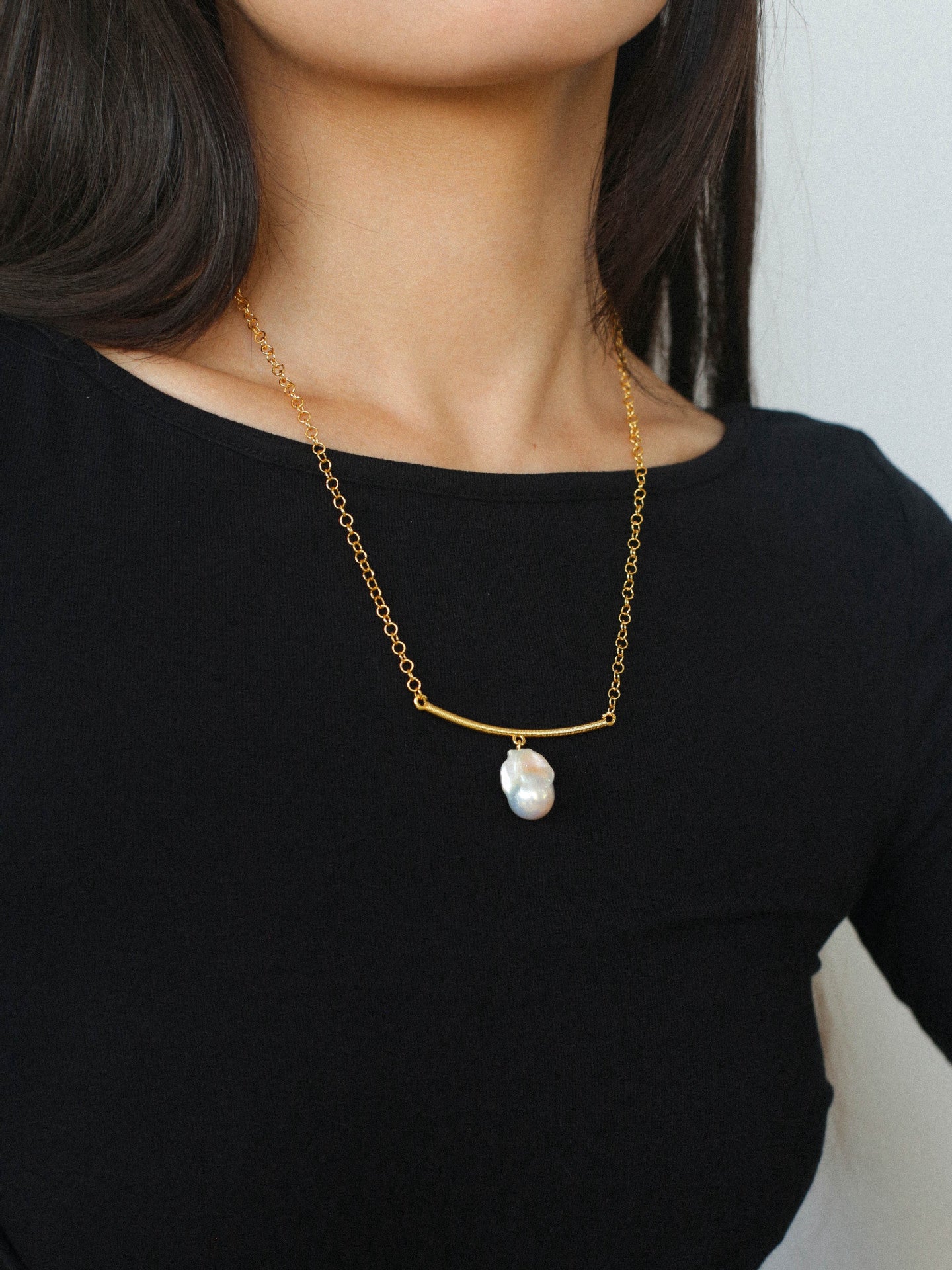 Curved Small Baroque Pearl Pendant Necklace