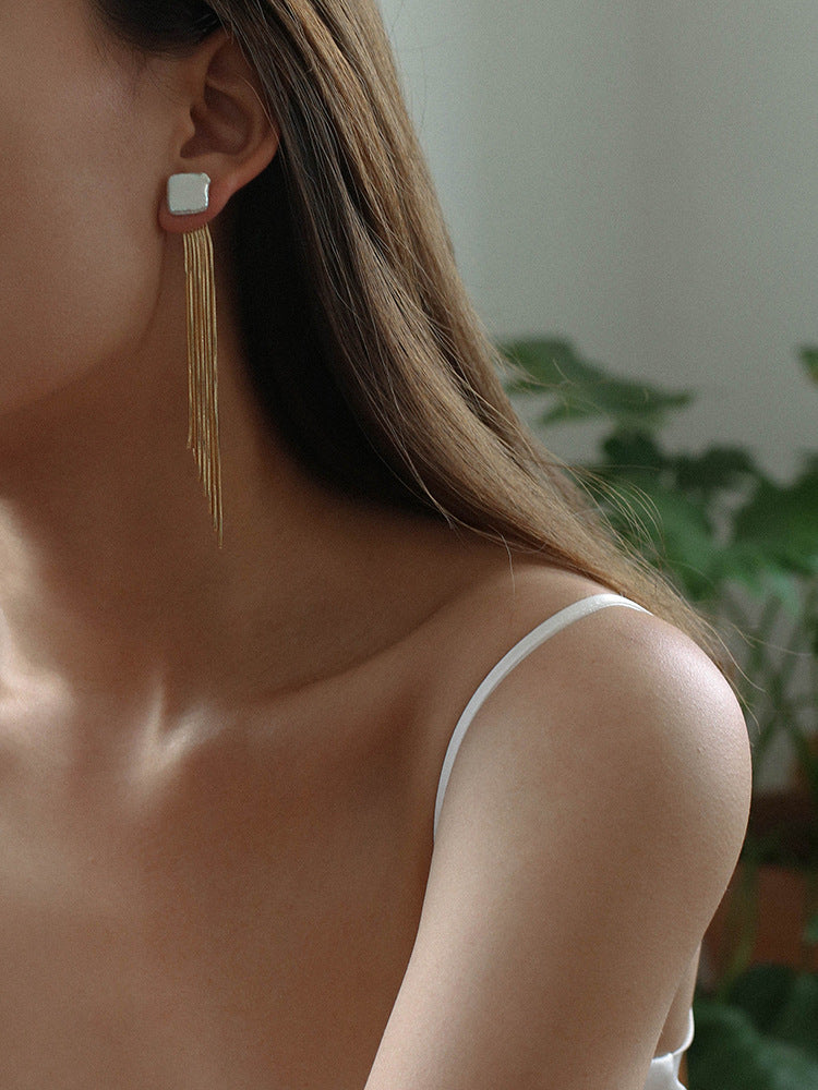 Baroque Flow Long Tassel Square Pearl Earrings