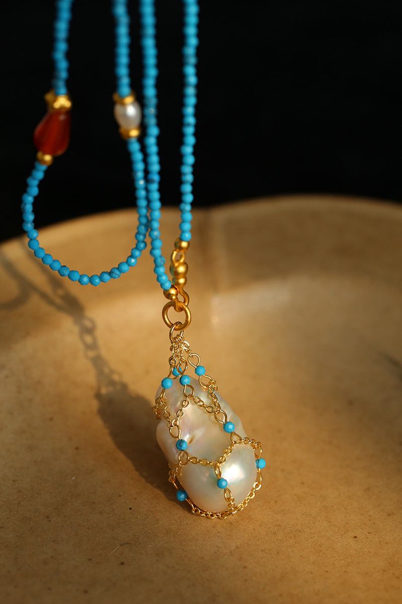 Blue Turquoise Net-Wrapped Baroque Pearl Necklace
