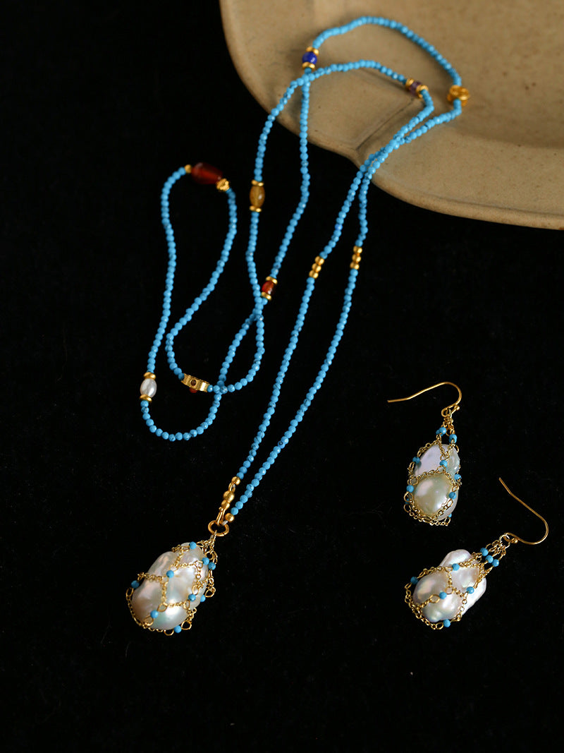 Blue Turquoise Net-Wrapped Baroque Pearl Necklace