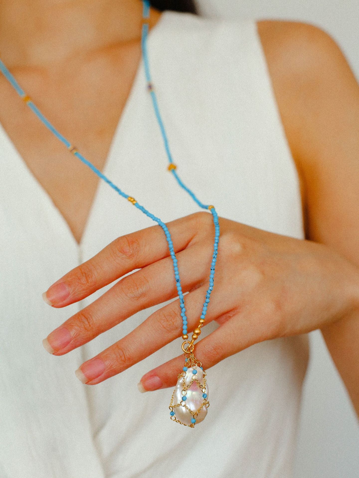 Blue Turquoise Net-Wrapped Baroque Pearl Necklace