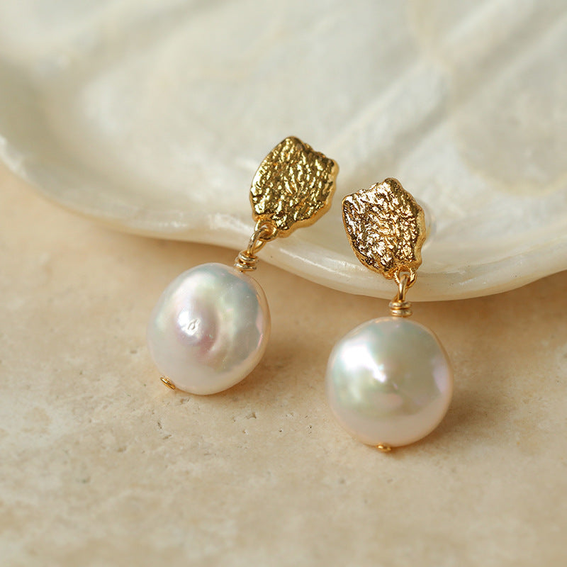Textured Gold Coin Baroque Pearl Earrings