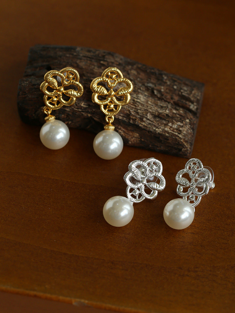Filigree Lace Bloom Pearl Drop Earrings
