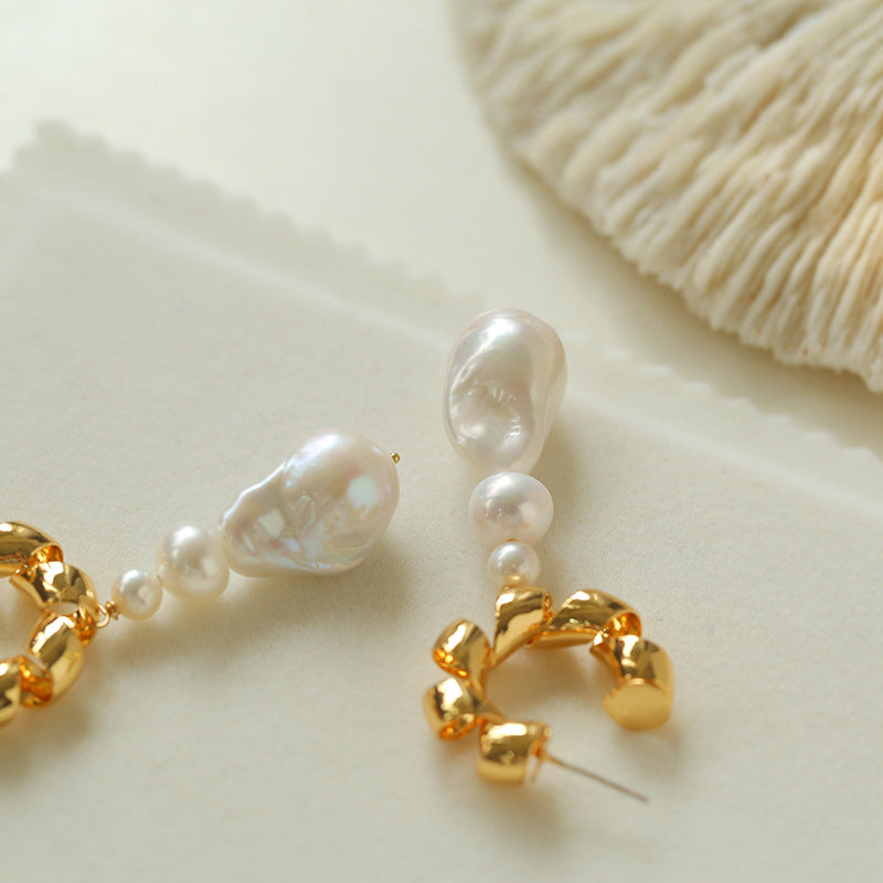 Twisted Gold Baroque Pearl Drop Earrings