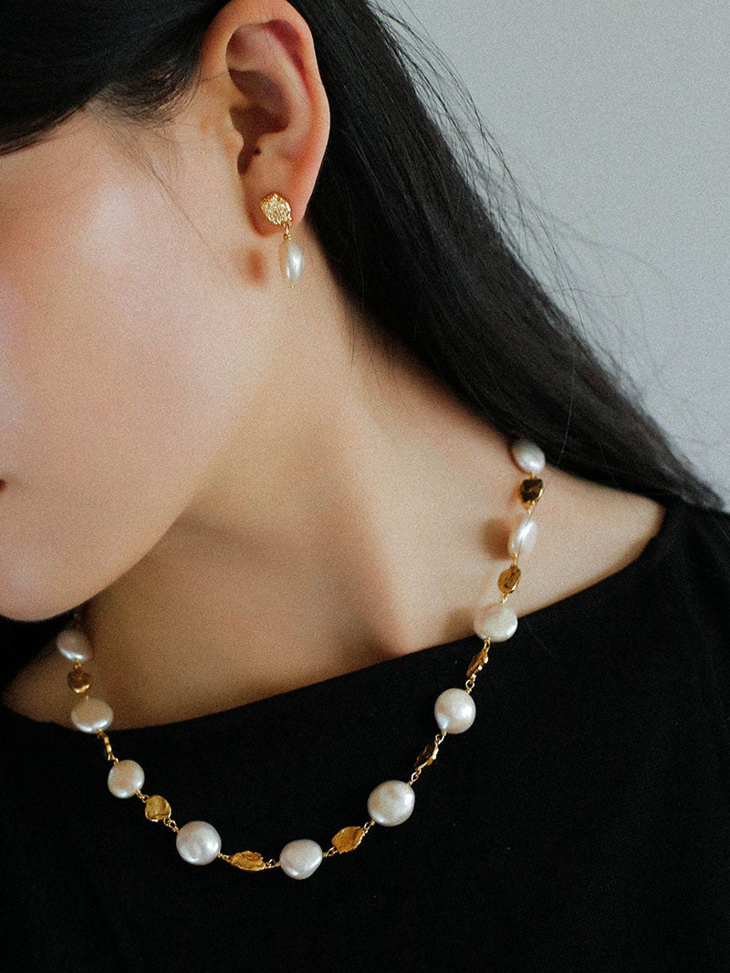 Textured Gold Coin Baroque Pearl Earrings