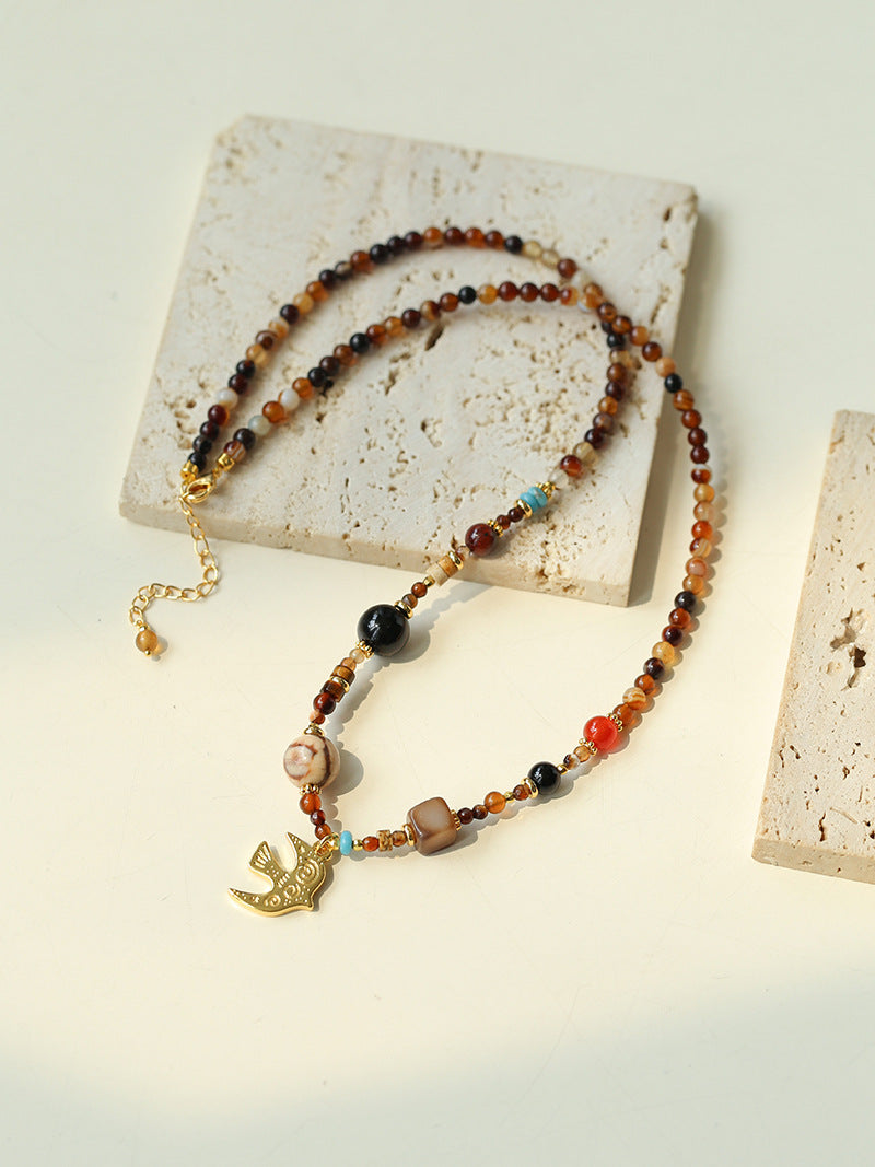 Boho Swallow Pendant Beaded Necklace