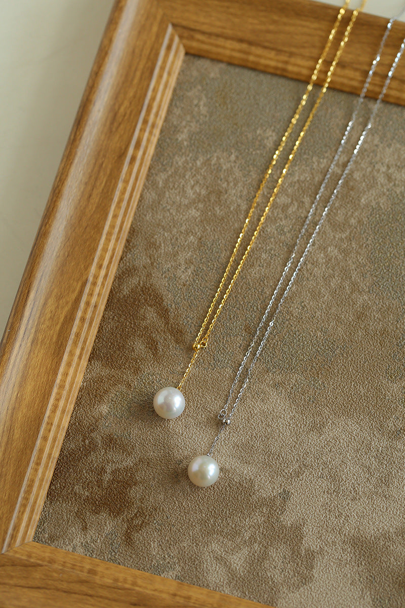 925 Sterling Silver Adjustable Round Pearl Y Necklace