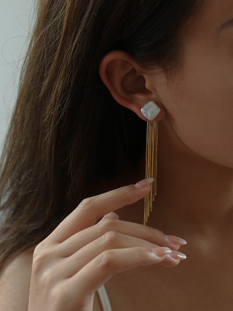 Baroque Flow Long Tassel Square Pearl Earrings