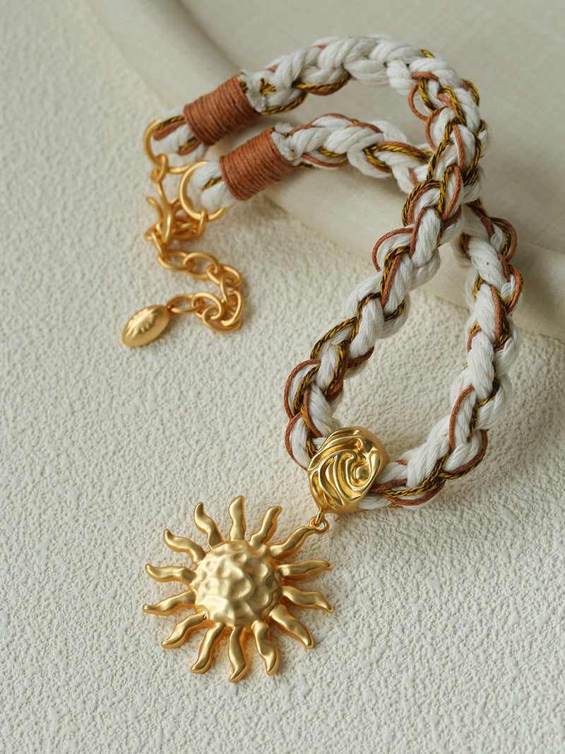 Boho Woven Sun Pendant Statement Necklace
