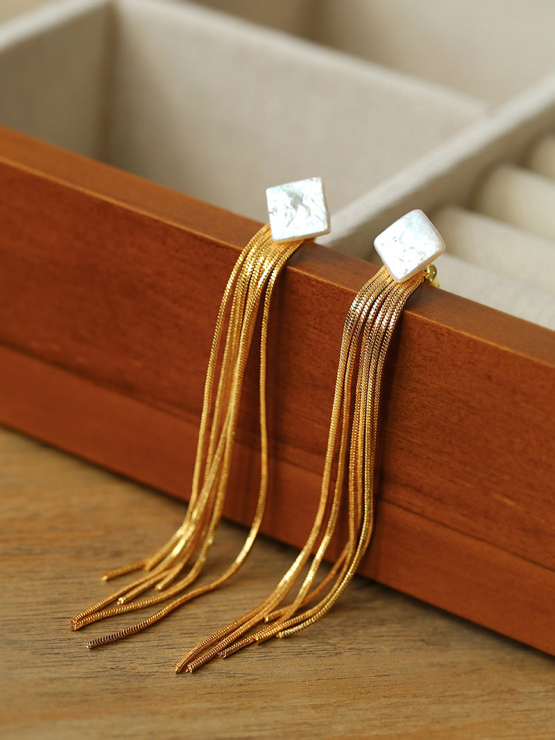 Baroque Flow Long Tassel Square Pearl Earrings