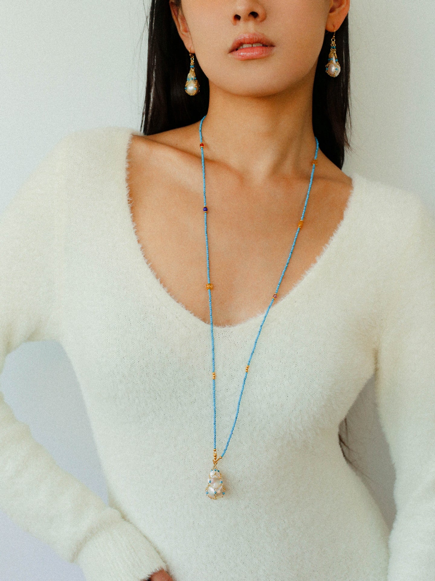 Blue Turquoise Net-Wrapped Baroque Pearl Necklace