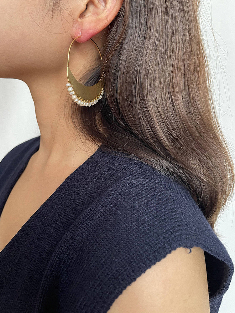 Luna Woven Pearl Crescent Hoop Earrings