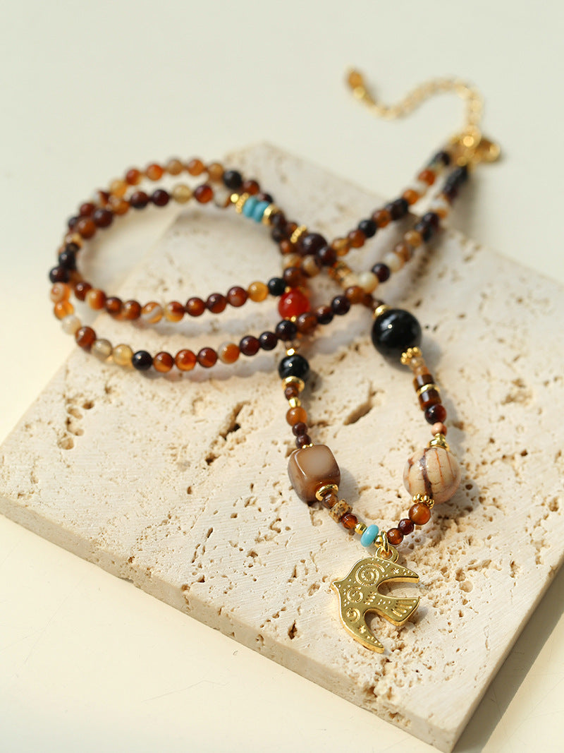 Boho Swallow Pendant Beaded Necklace